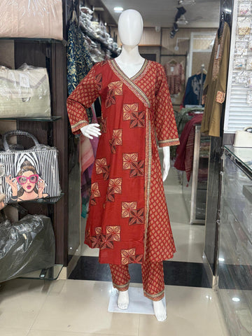 Brown Ajrakh Print Angrakha Style Printed Cotton Suit