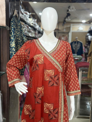 Brown Ajrakh Print Angrakha Style Printed Cotton Suit