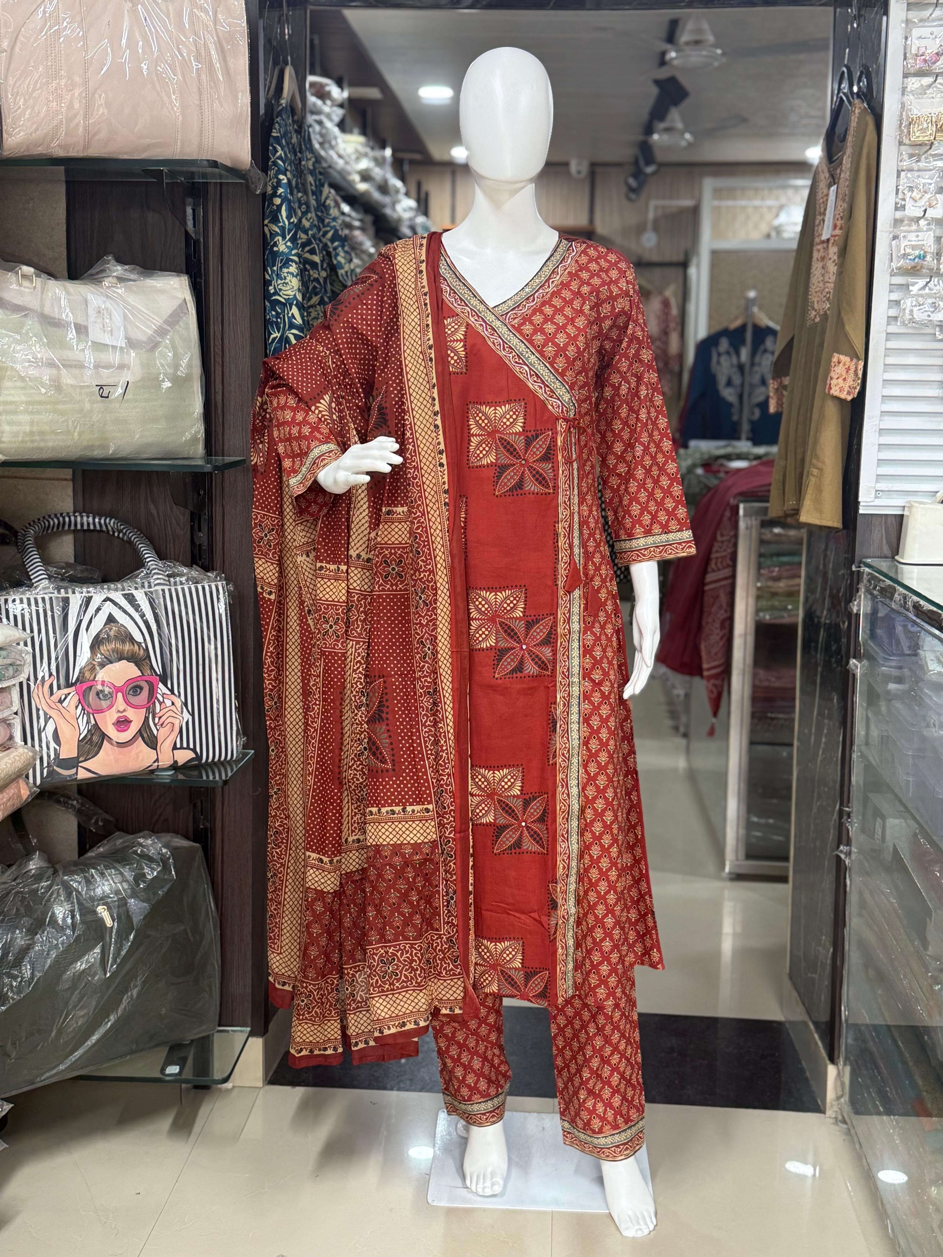 Brown Ajrakh Print Angrakha Style Printed Cotton Suit