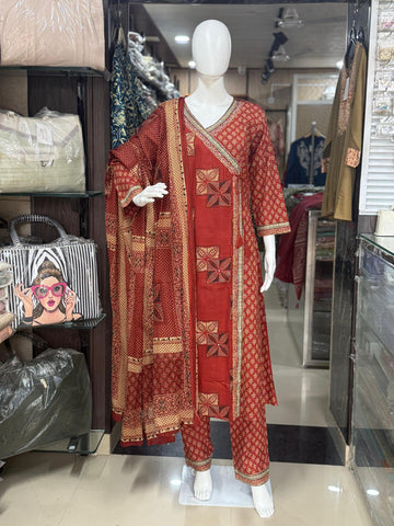 Brown Ajrakh Print Angrakha Style Printed Cotton Suit