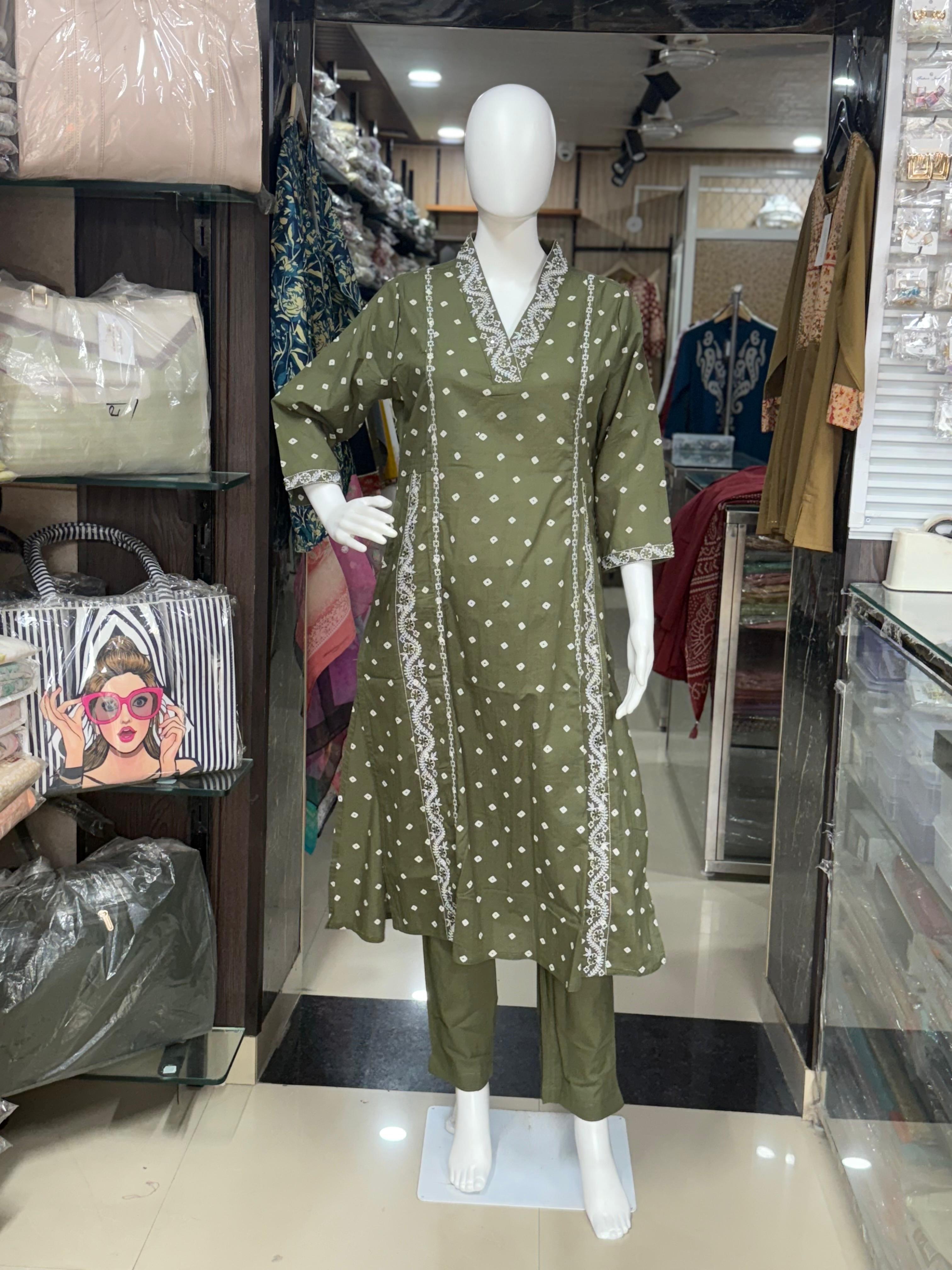 Green Batik Print Designer Cotton Suit Set For Women
