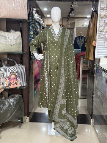 Green Batik Print Designer Cotton Suit Set For Women