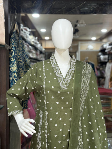 Green Batik Print Designer Cotton Suit Set For Women