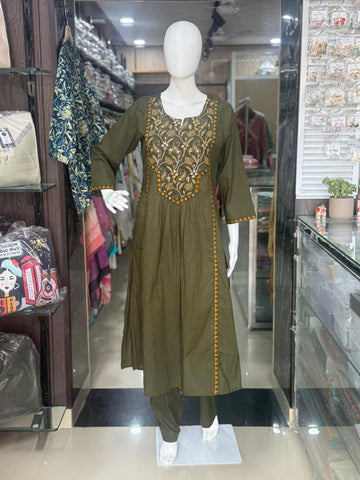 Mehndi A-Line Embroidered Cotton Suit With Printed Dupatta