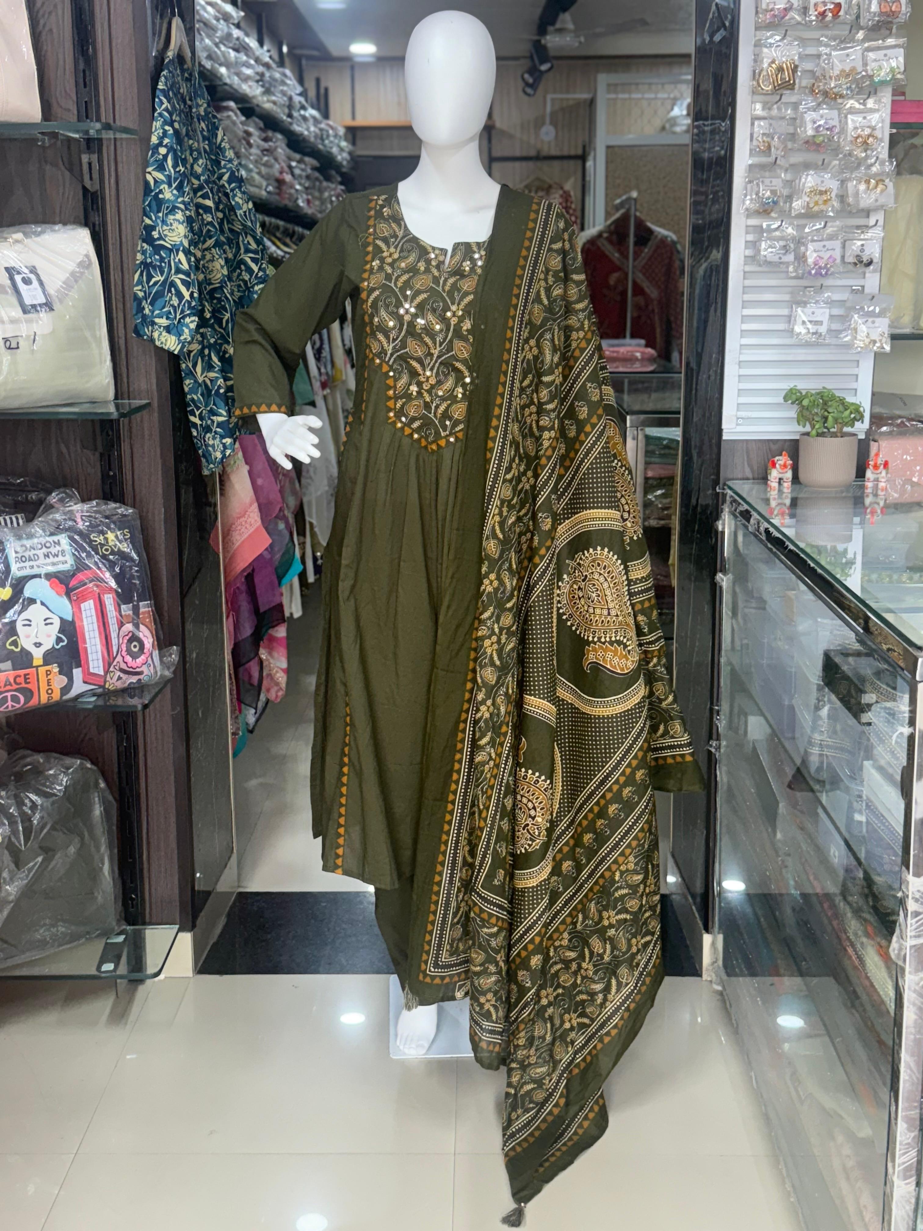 Mehndi A-Line Embroidered Cotton Suit With Printed Dupatta
