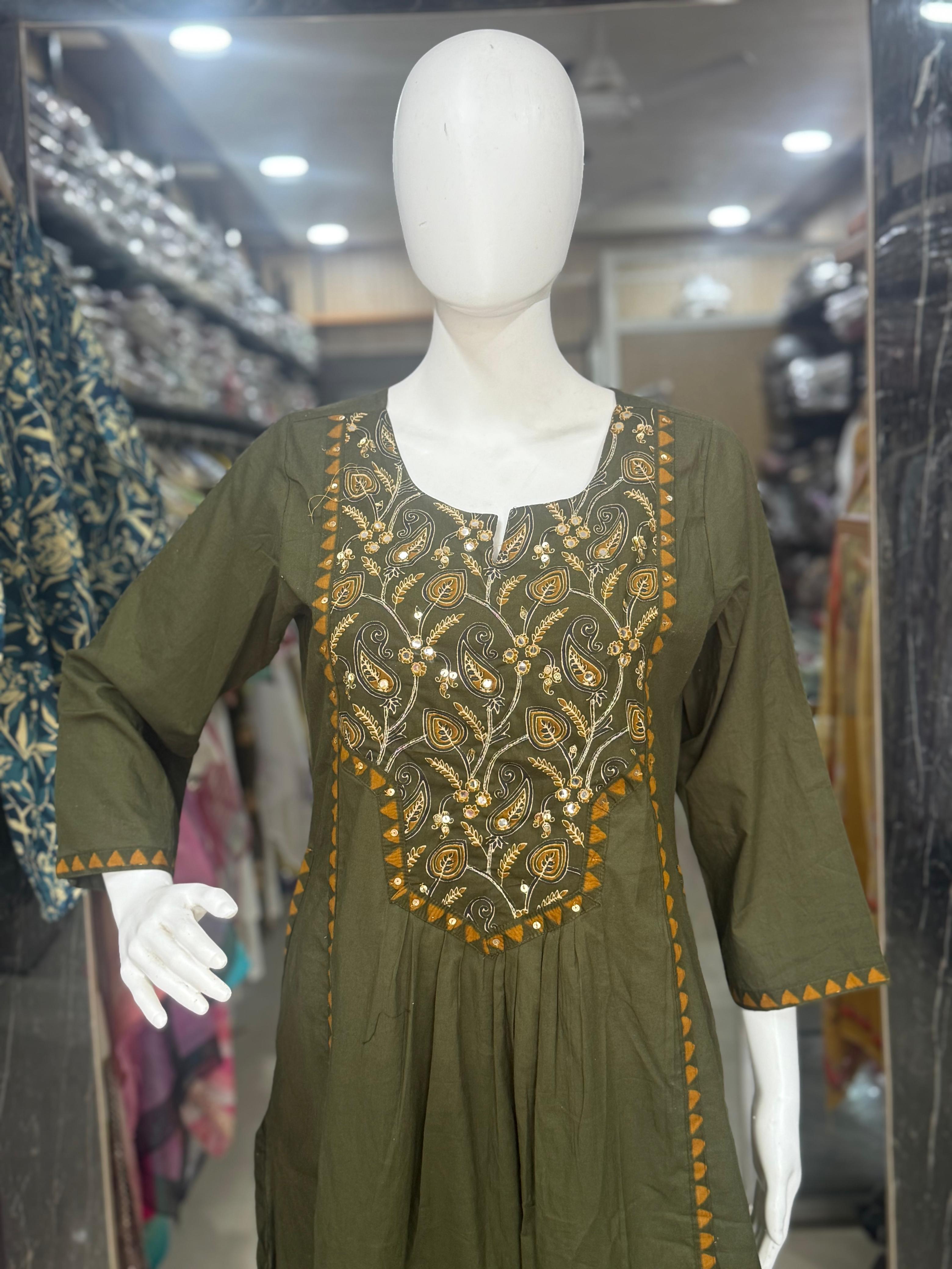 Mehndi A-Line Embroidered Cotton Suit With Printed Dupatta