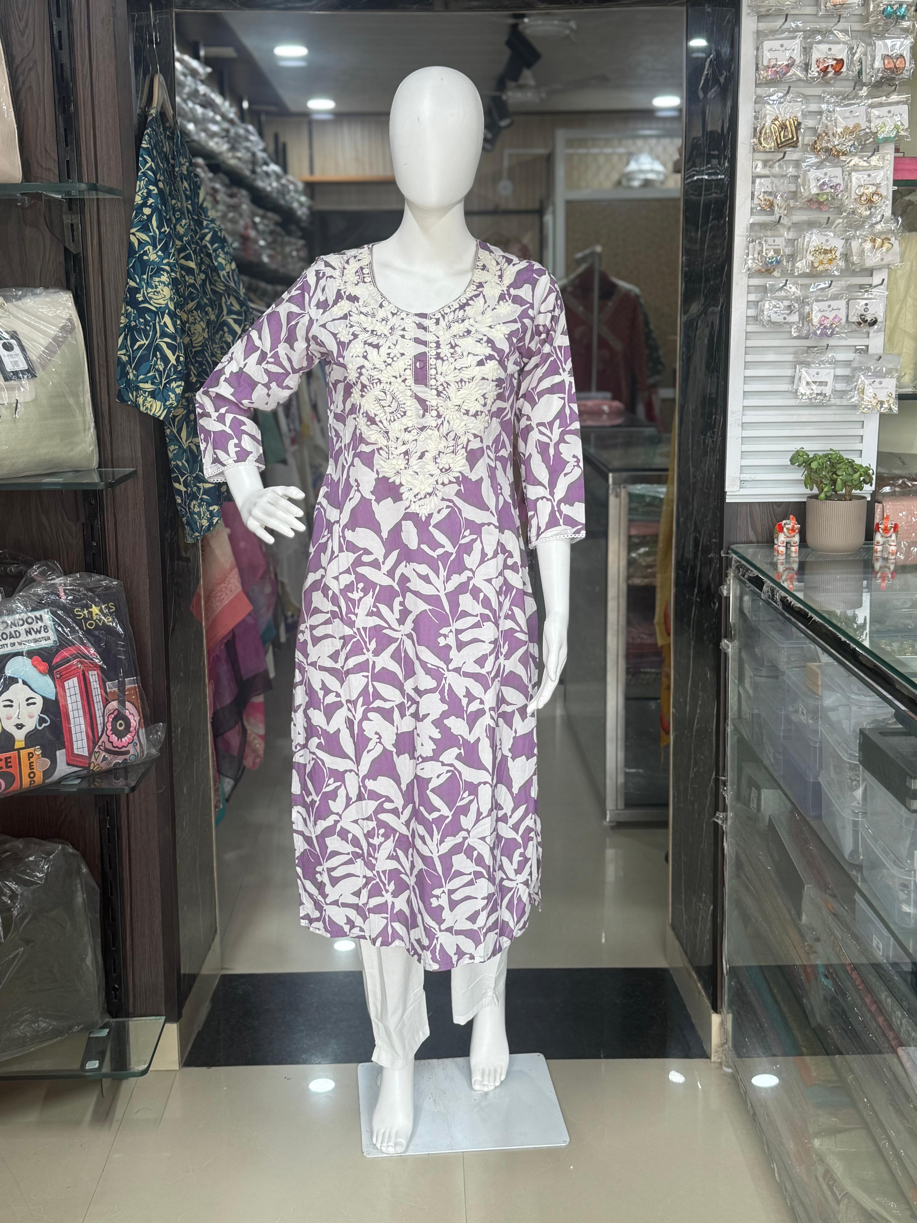 Mauve Chikankari Cotton Office Wear Suit With Kota Doriya Dupatta