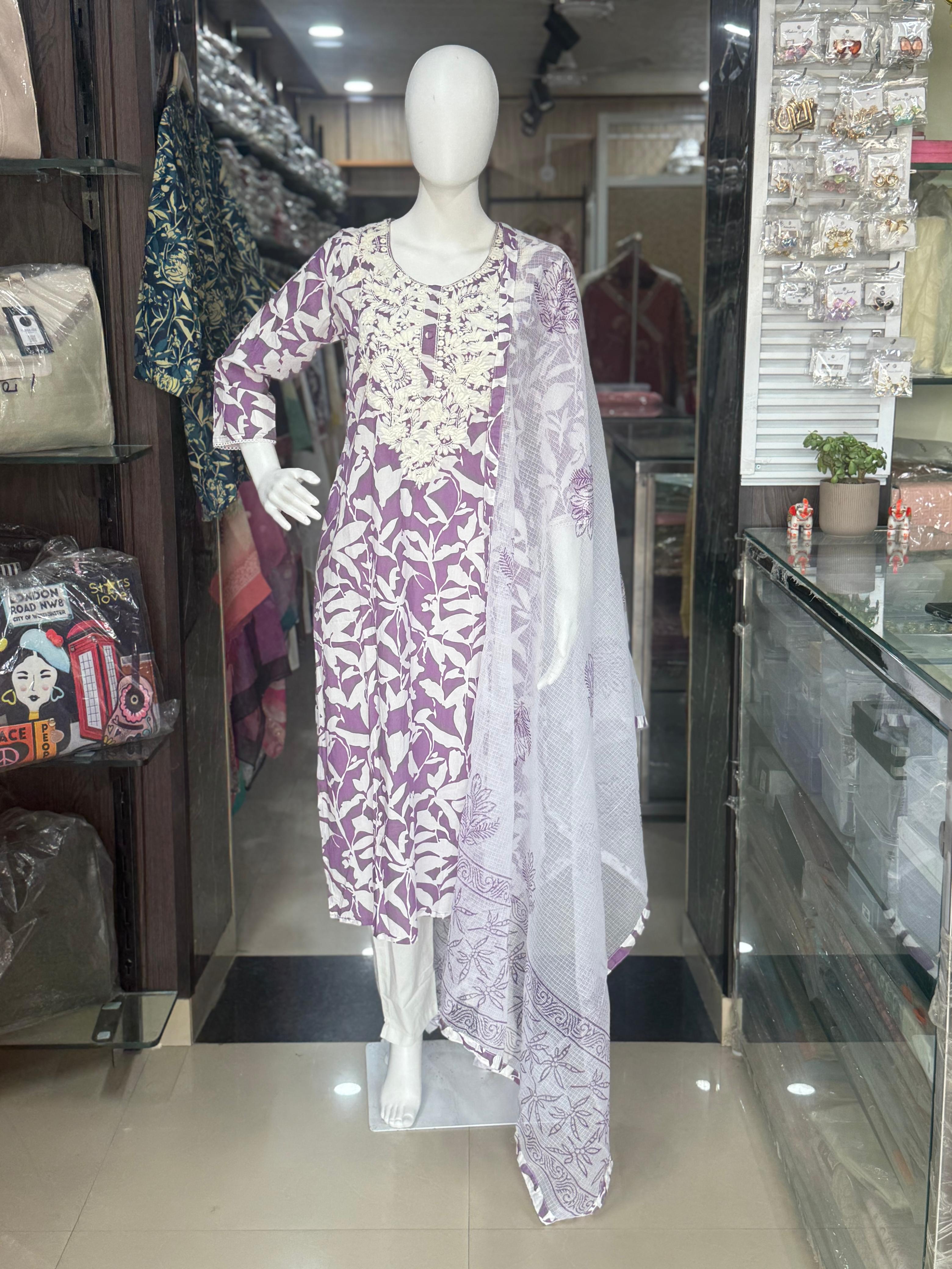 Mauve Chikankari Cotton Office Wear Suit With Kota Doriya Dupatta