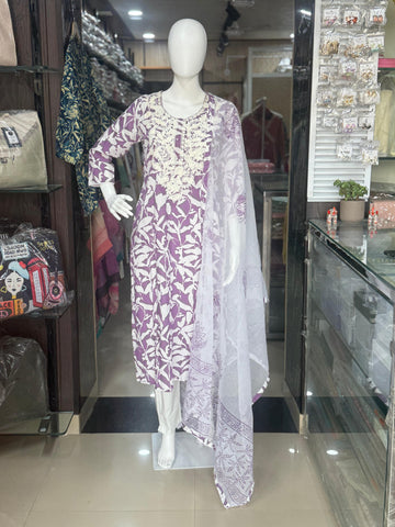 Mauve Chikankari Cotton Office Wear Suit With Kota Doriya Dupatta