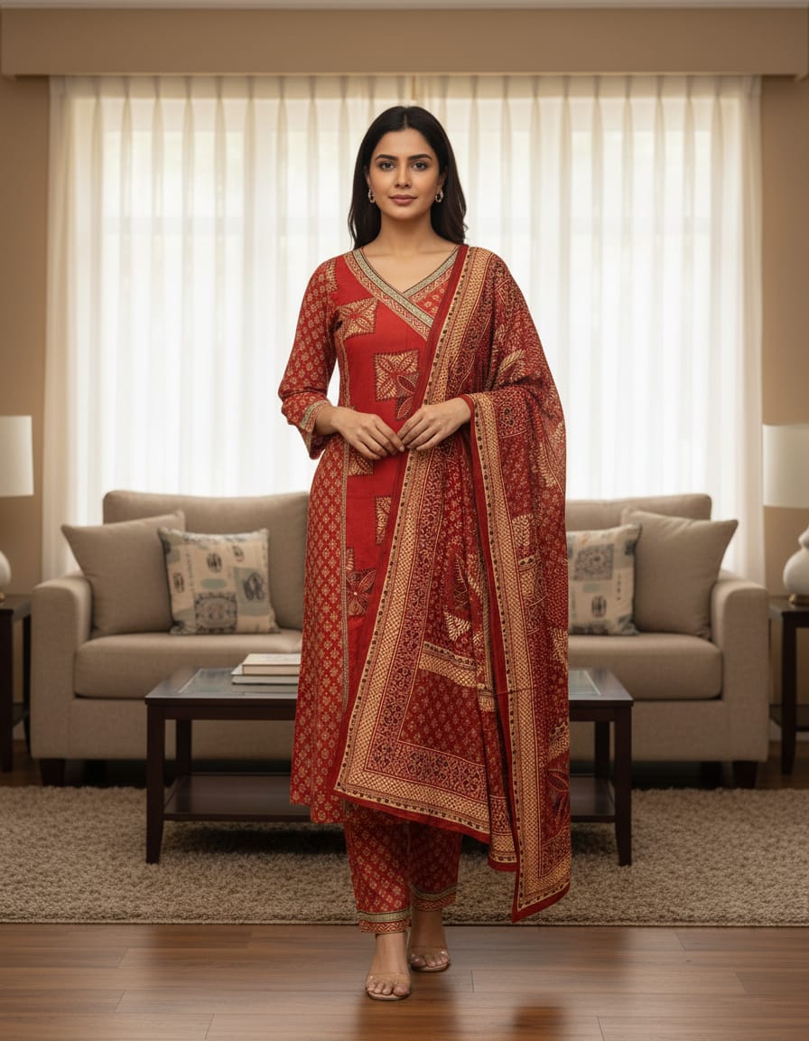 Brown Ajrakh Print Angrakha Style Printed Cotton Suit
