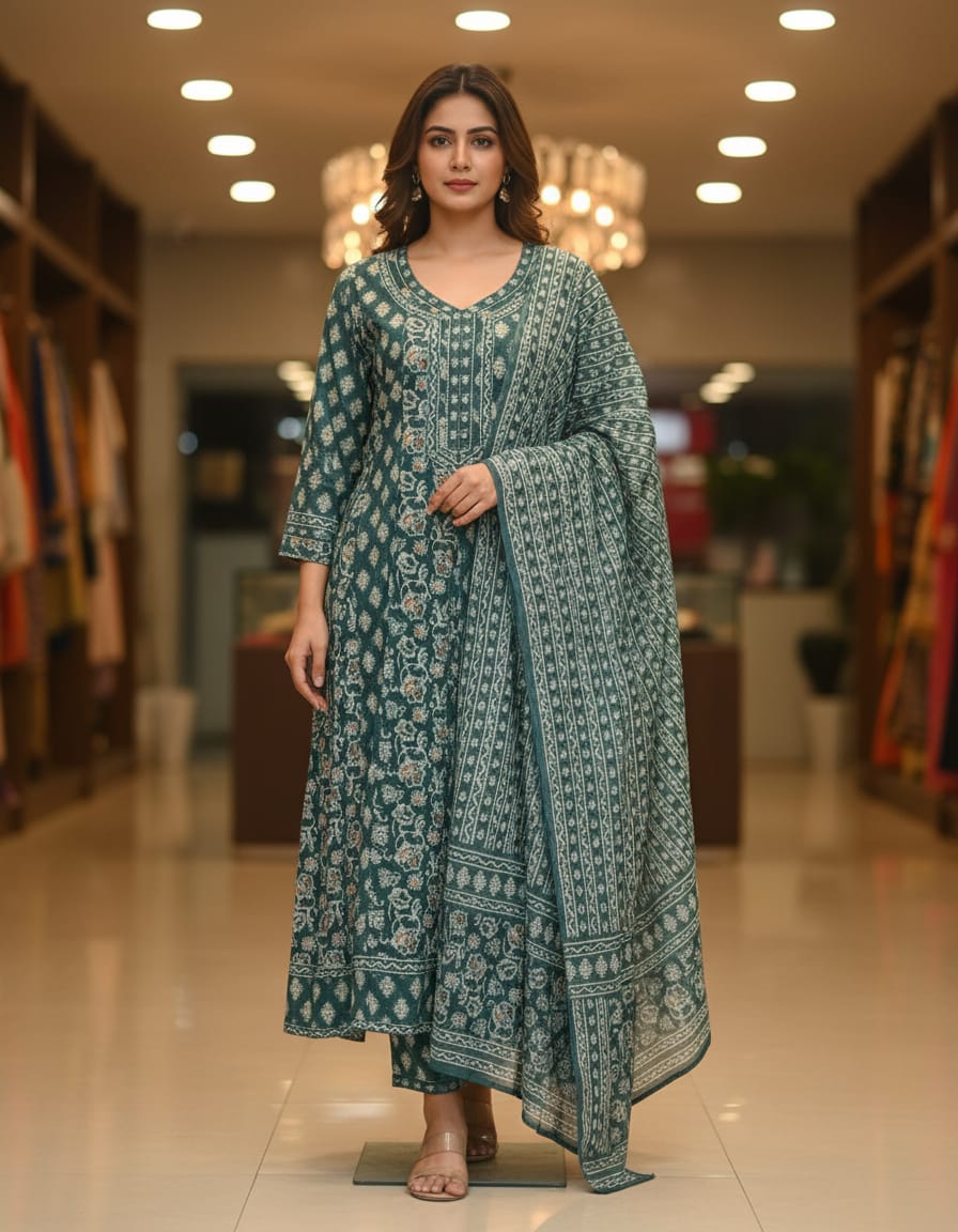 Premium Cotton Printed Cotton Anarkali Suit With Full Length Dupatta