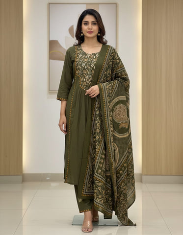 Mehndi A-Line Embroidered Cotton Suit With Printed Dupatta