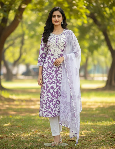 Mauve Chikankari Cotton Office Wear Suit With Kota Doriya Dupatta