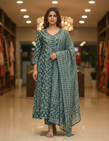 Premium Cotton Printed Cotton Anarkali Suit With Full Length Dupatta