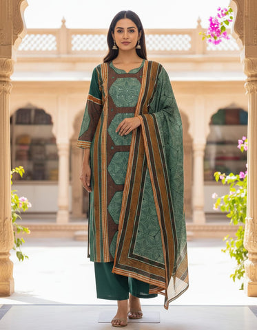 Green Geometrical Design With Strips And Sequins Work Cotton Suit Set
