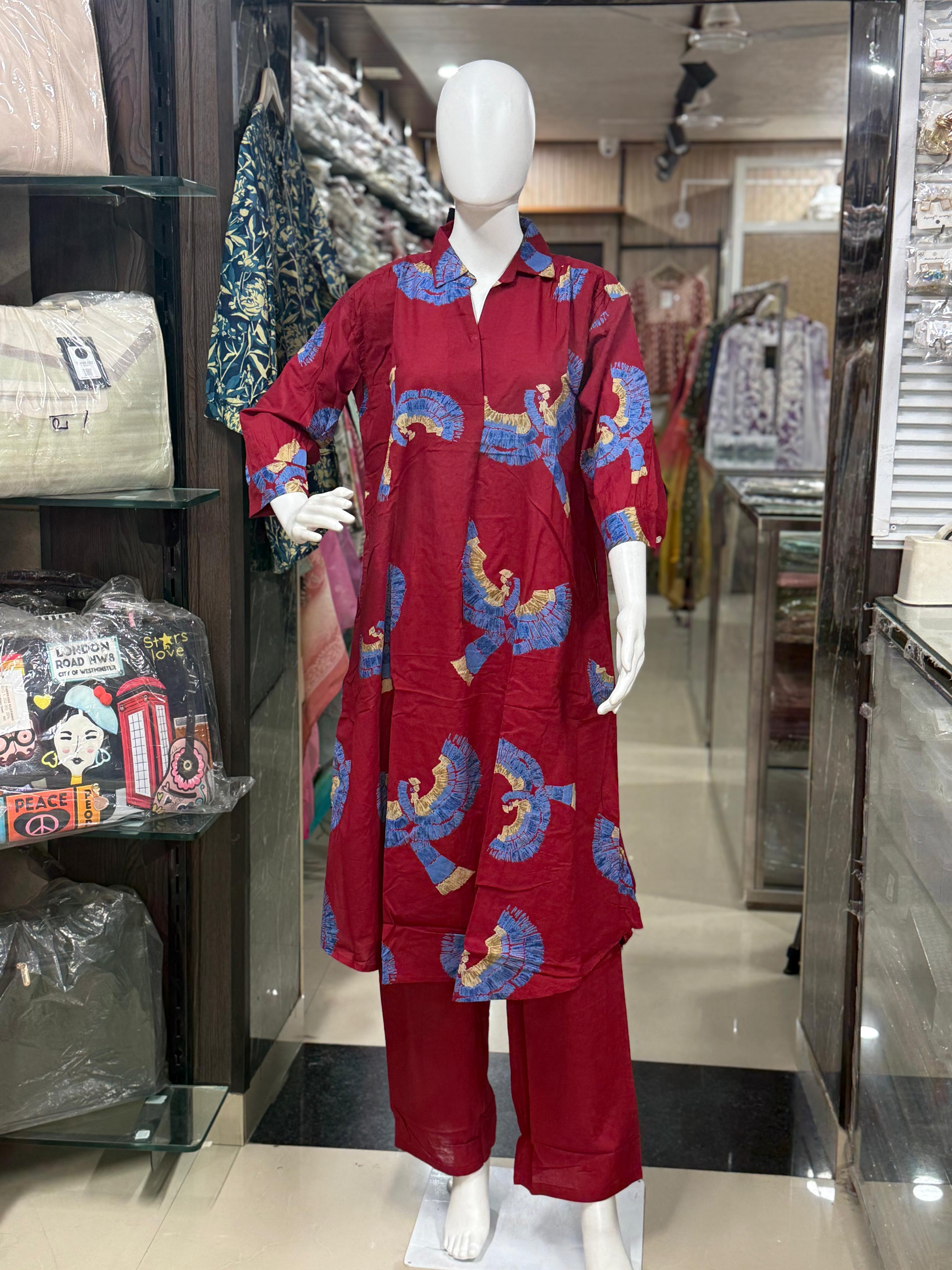 Maroon Cotton Coord Set With Beautiful Bird Print