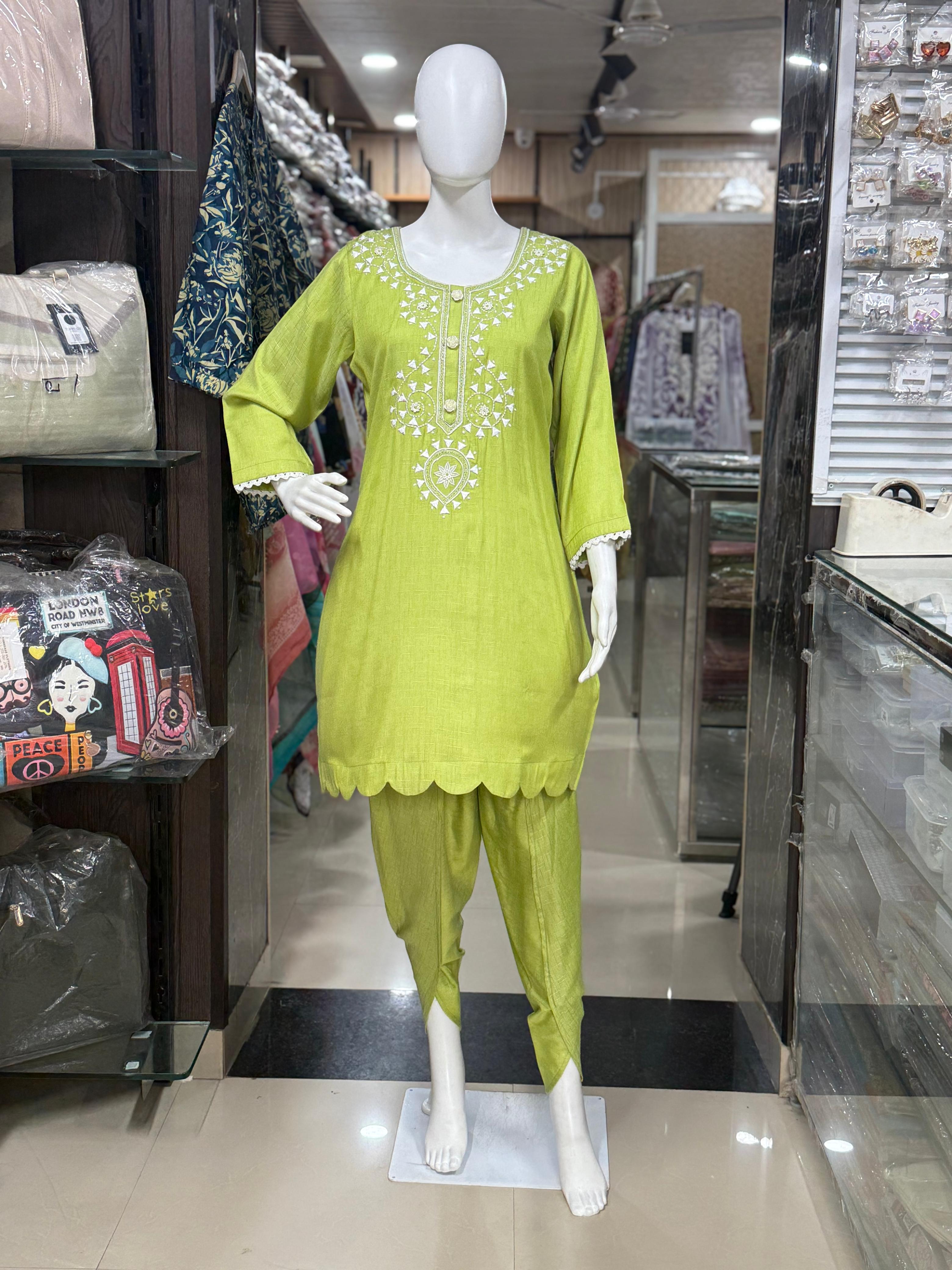 Parrot Green Cotton Embroidered Coord Set With Tulip Pants