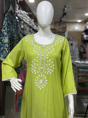 Parrot Green Cotton Embroidered Coord Set With Tulip Pants