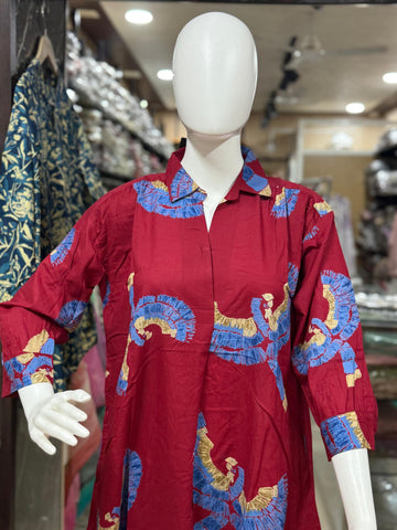 Maroon Cotton Coord Set With Beautiful Bird Print