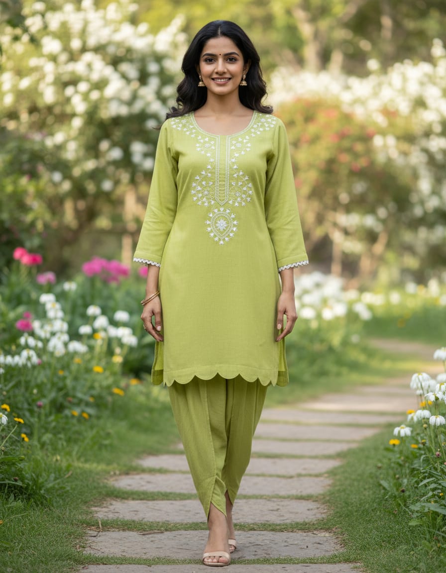 Parrot Green Cotton Embroidered Coord Set With Tulip Pants