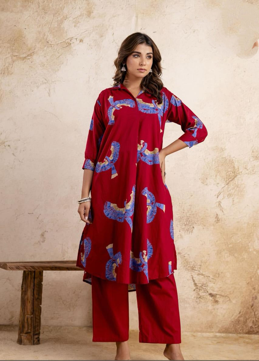 Maroon Cotton Coord Set With Beautiful Bird Print