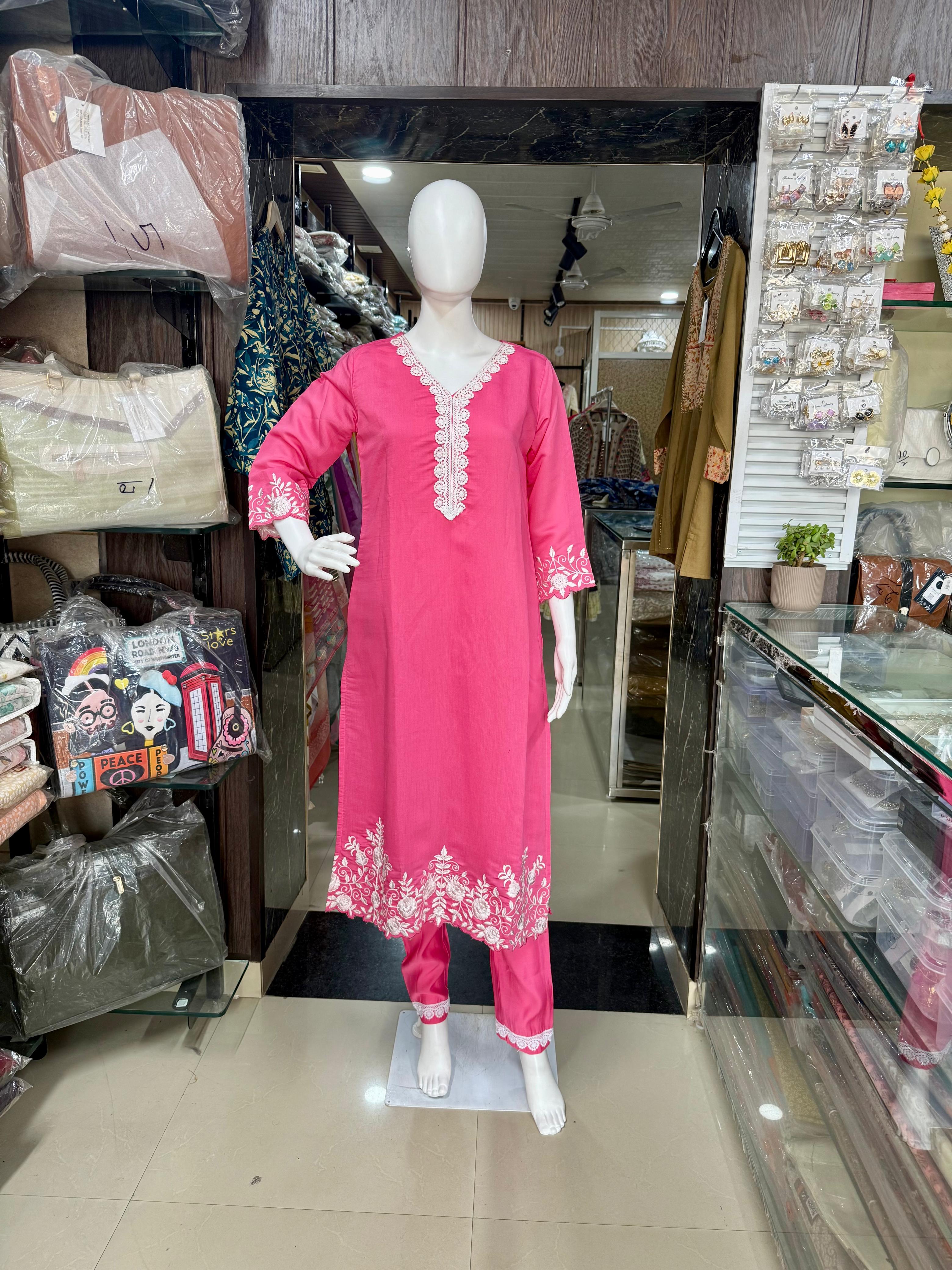 Pink Cotton Embroidered Suit With Elegant Organza Dupatta