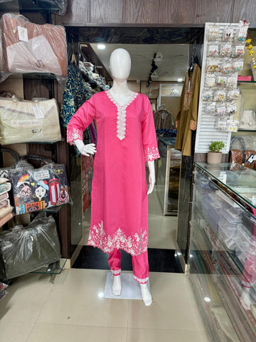Pink Cotton Embroidered Suit With Elegant Organza Dupatta