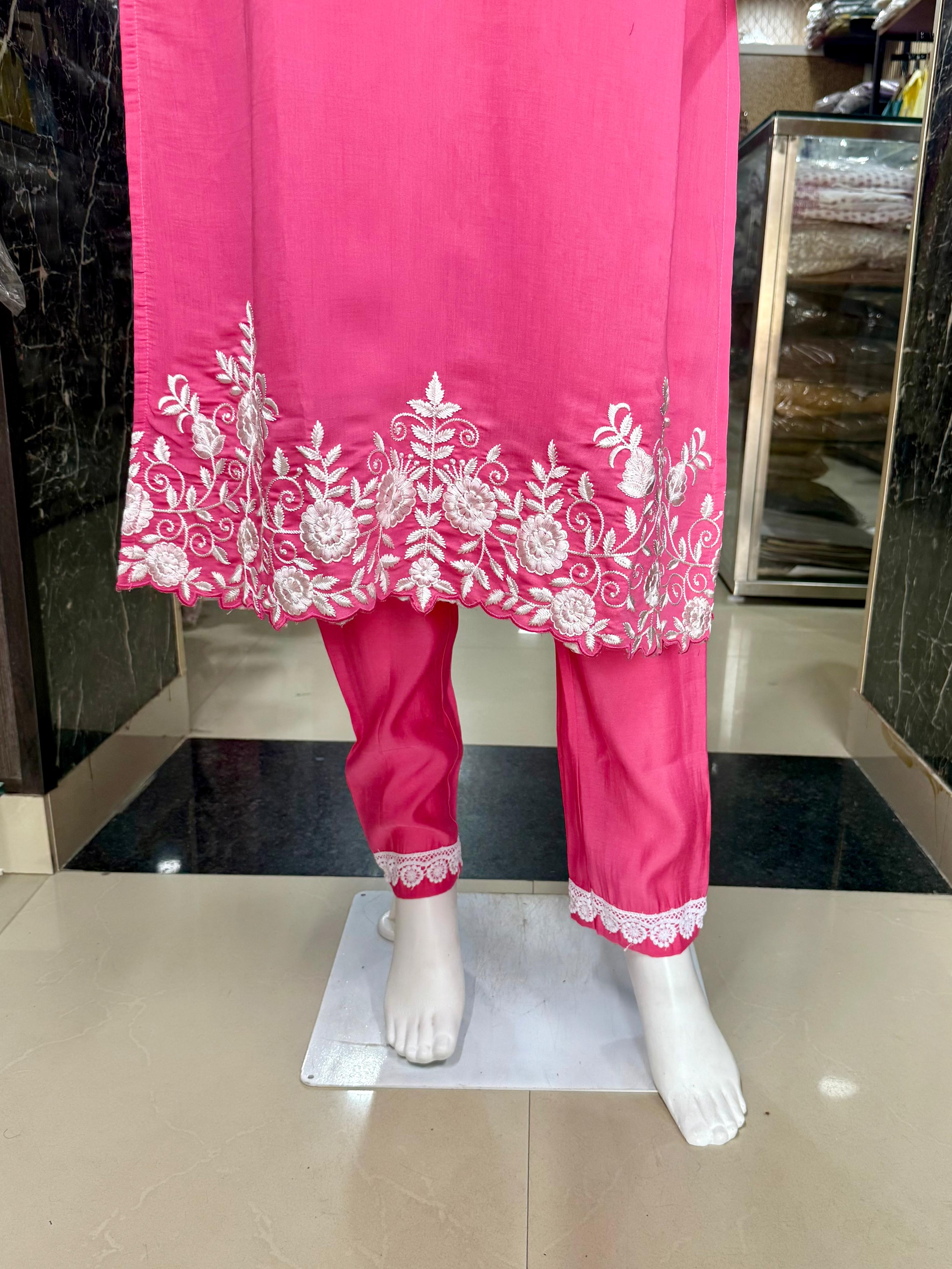 Pink Cotton Embroidered Suit With Elegant Organza Dupatta