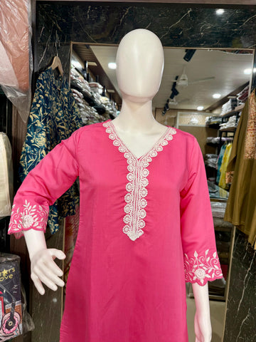 Pink Cotton Embroidered Suit With Elegant Organza Dupatta