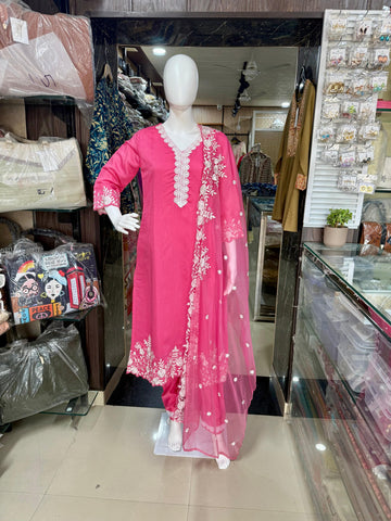 Pink Cotton Embroidered Suit With Elegant Organza Dupatta