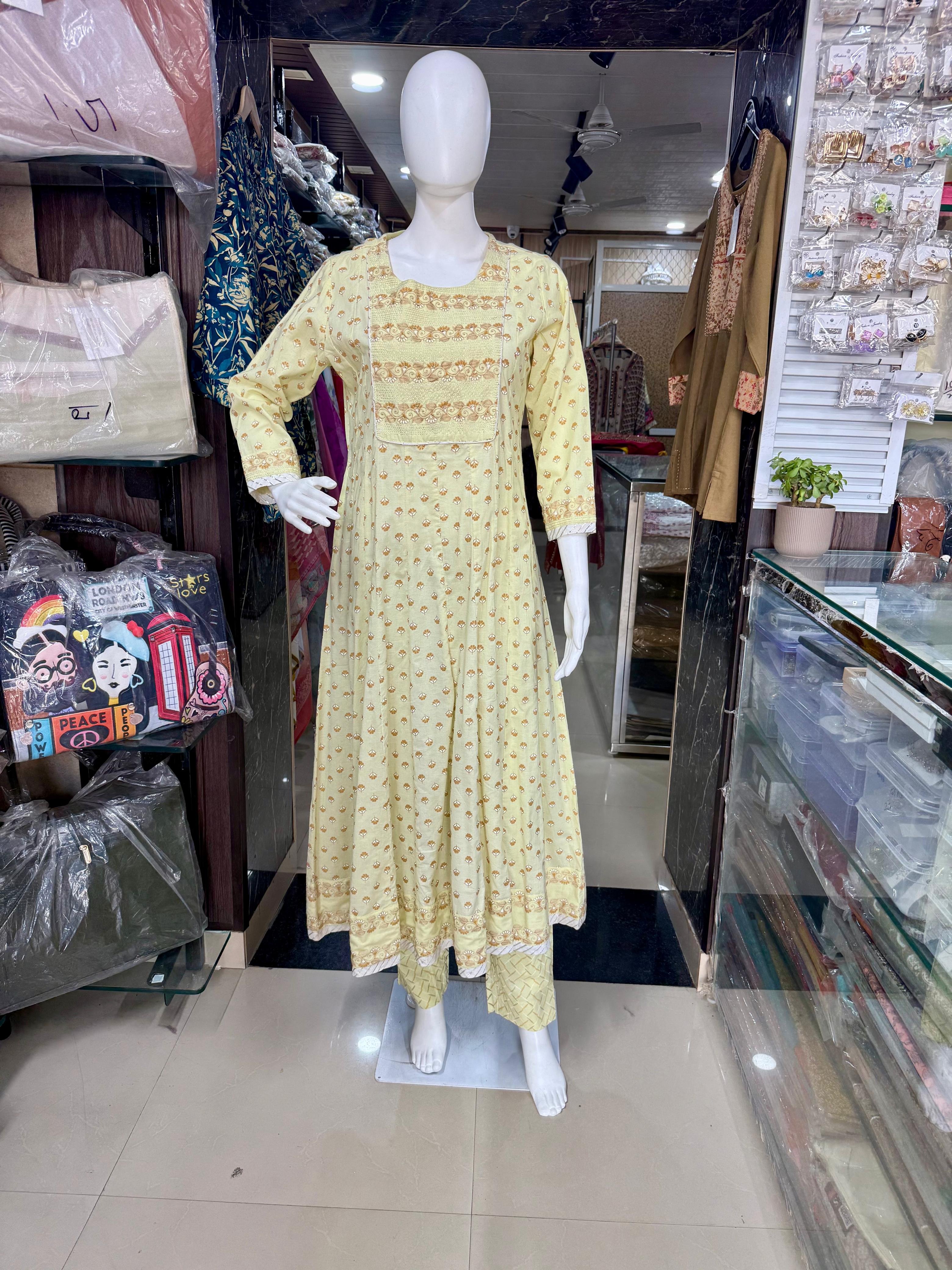 Butter Yellow Floral Print Cotton  Anarkali Suit Set