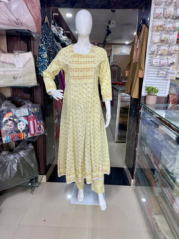 Butter Yellow Floral Print Cotton  Anarkali Suit Set