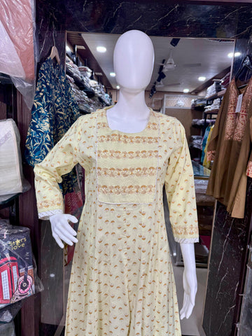 Butter Yellow Floral Print Cotton  Anarkali Suit Set