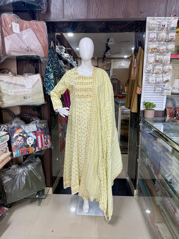 Butter Yellow Floral Print Cotton  Anarkali Suit Set
