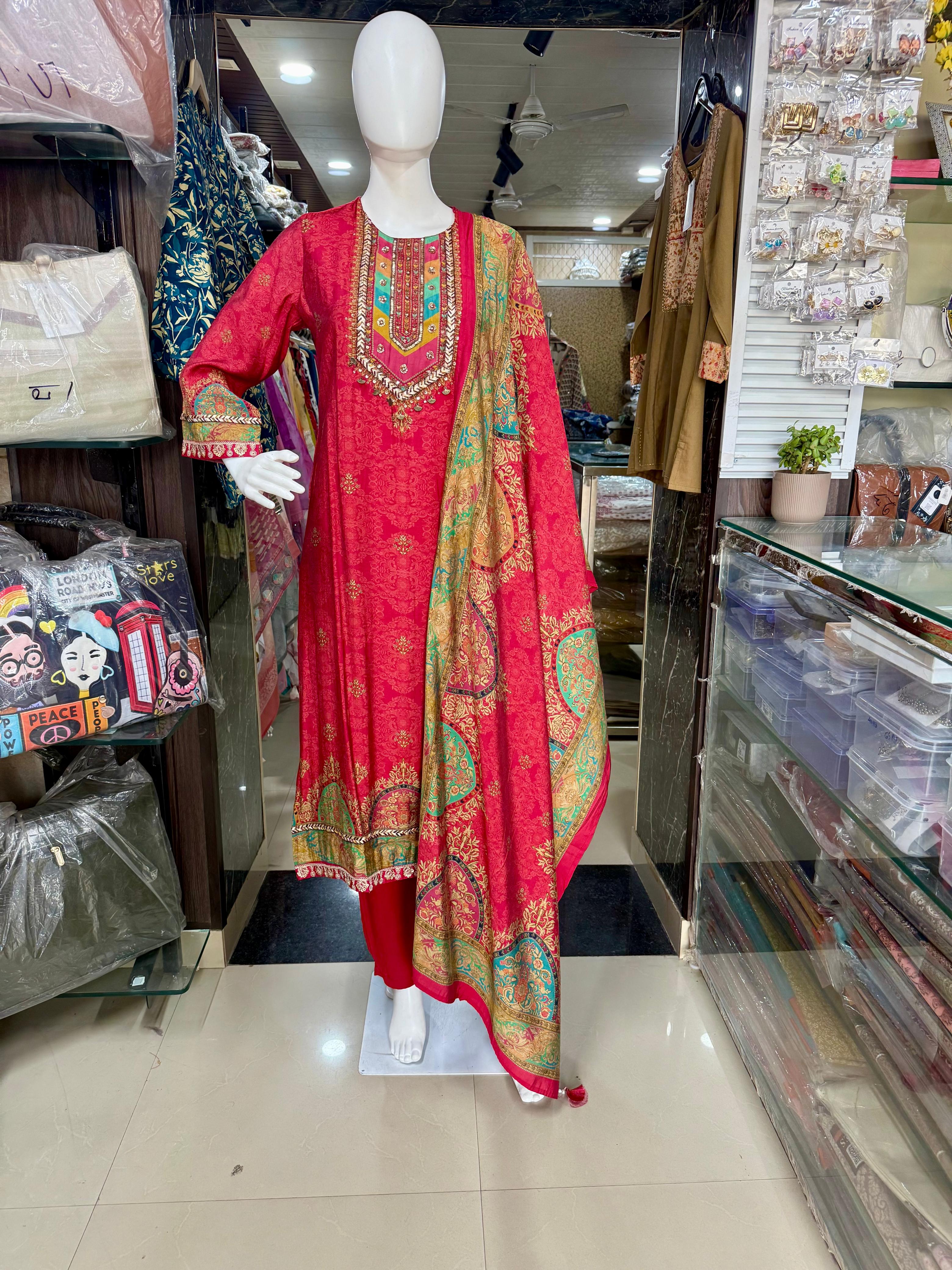 Muslin Cotton Party Wear Suit With Gota-Patti And Sequins Work