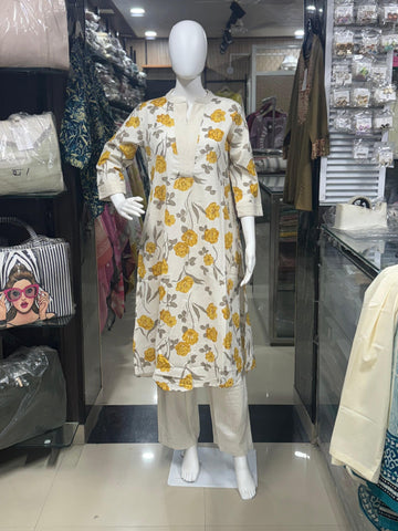 Off-White And Yellow Floral Print Cotton 2-Piece Coord Set