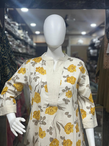 Off-White And Yellow Floral Print Cotton 2-Piece Coord Set