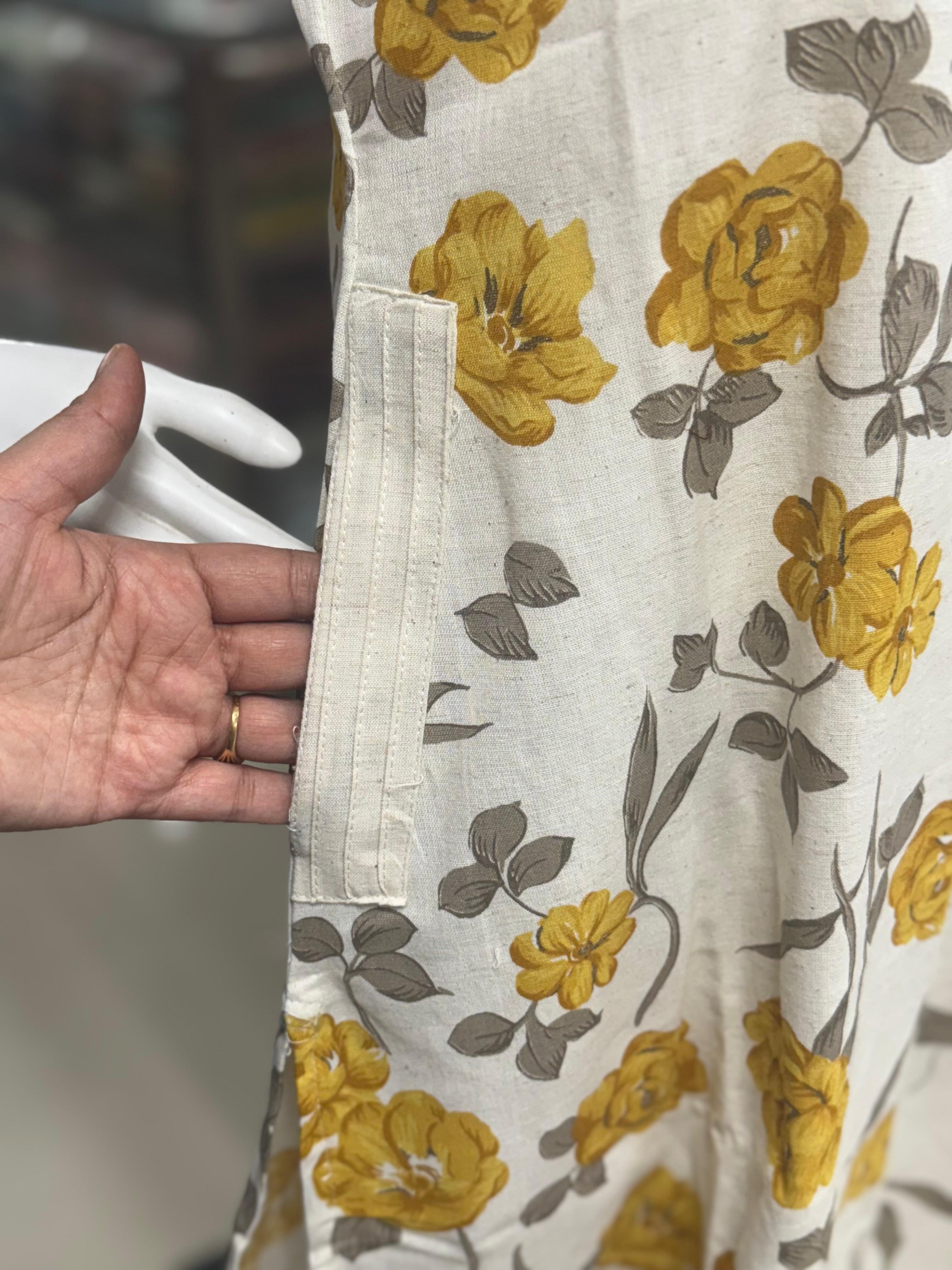 Off-White And Yellow Floral Print Cotton 2-Piece Coord Set