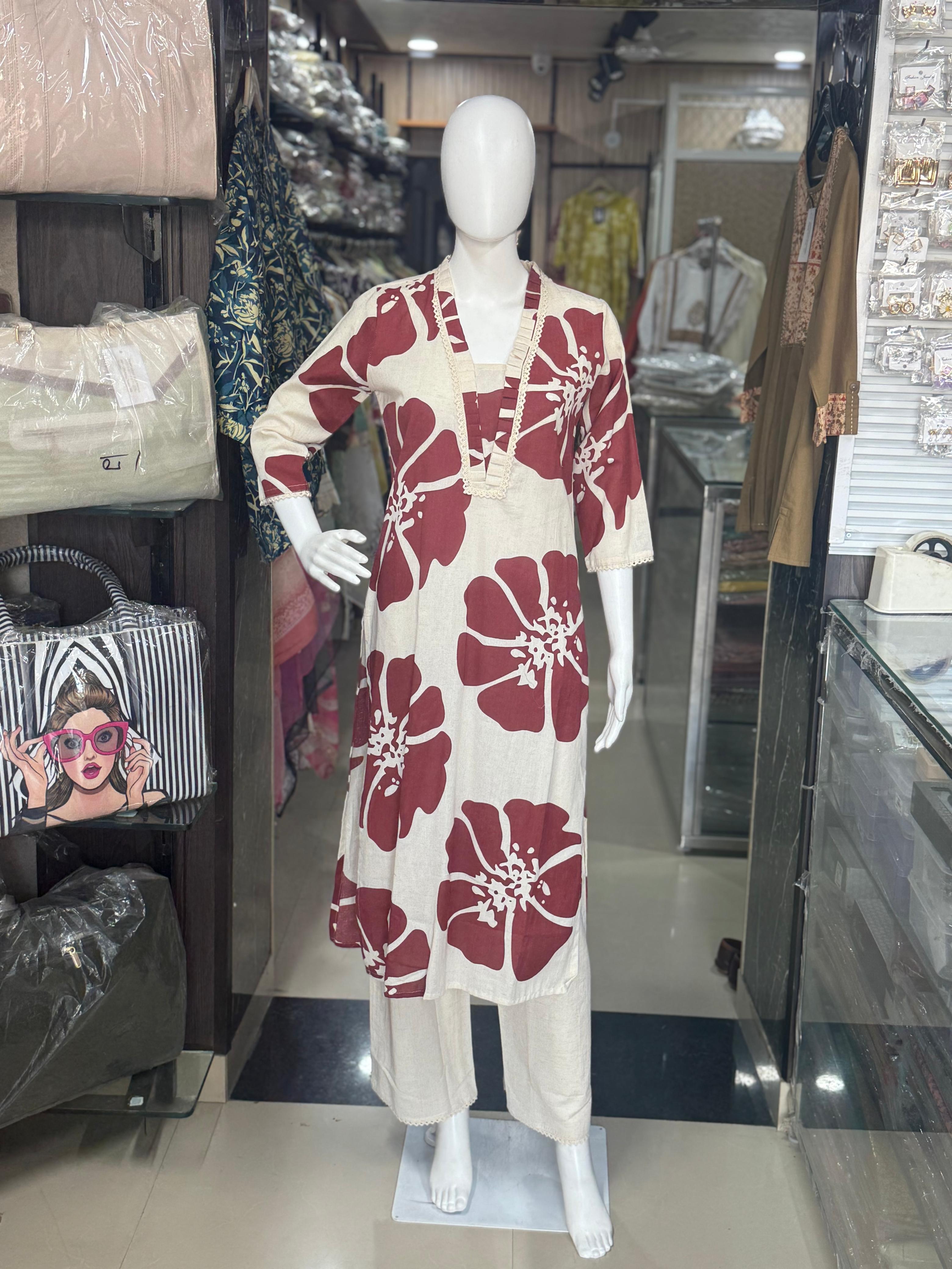 Off-White And Maroon Floral Print Cotton Coord Set