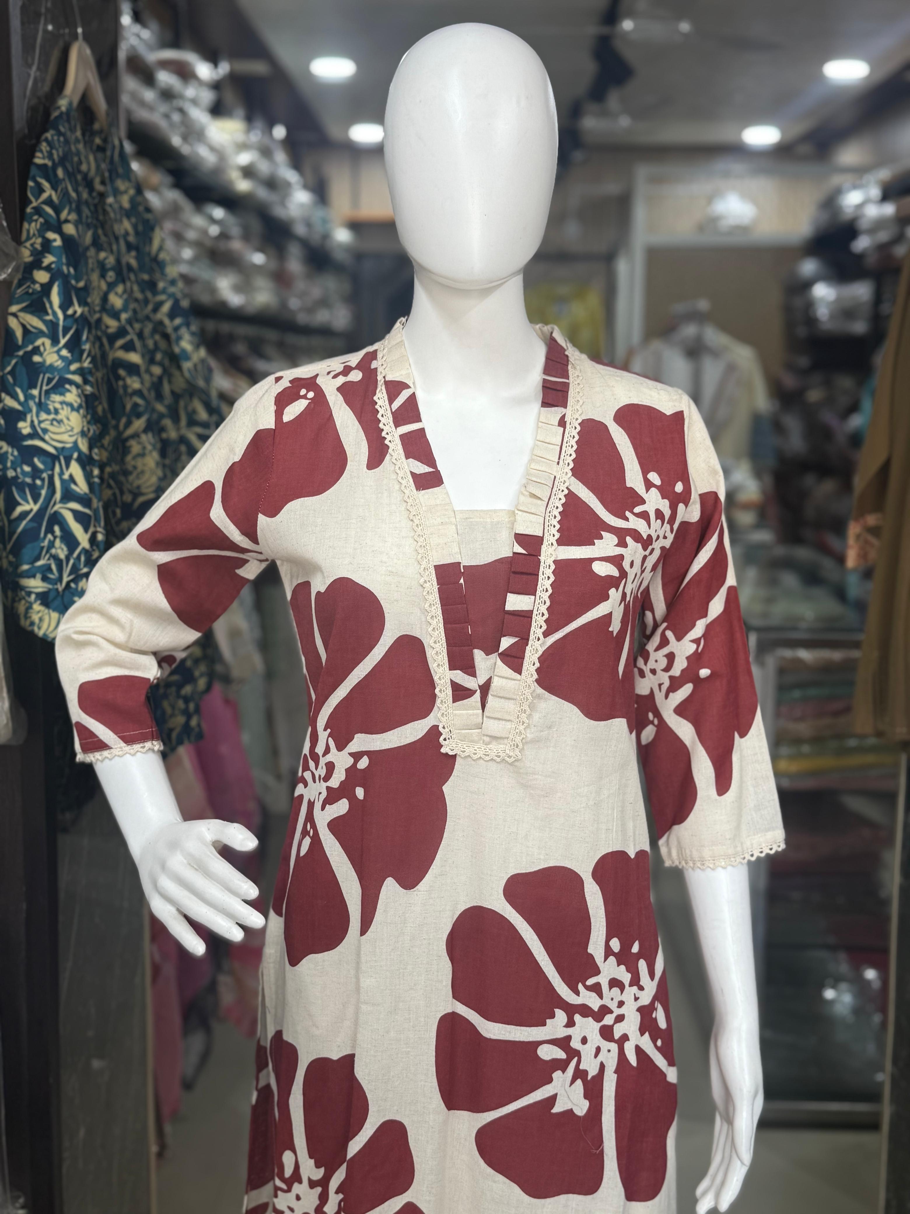 Off-White And Maroon Floral Print Cotton Coord Set