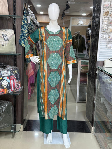 Green Geometrical Design With Strips And Sequins Work Cotton Suit Set