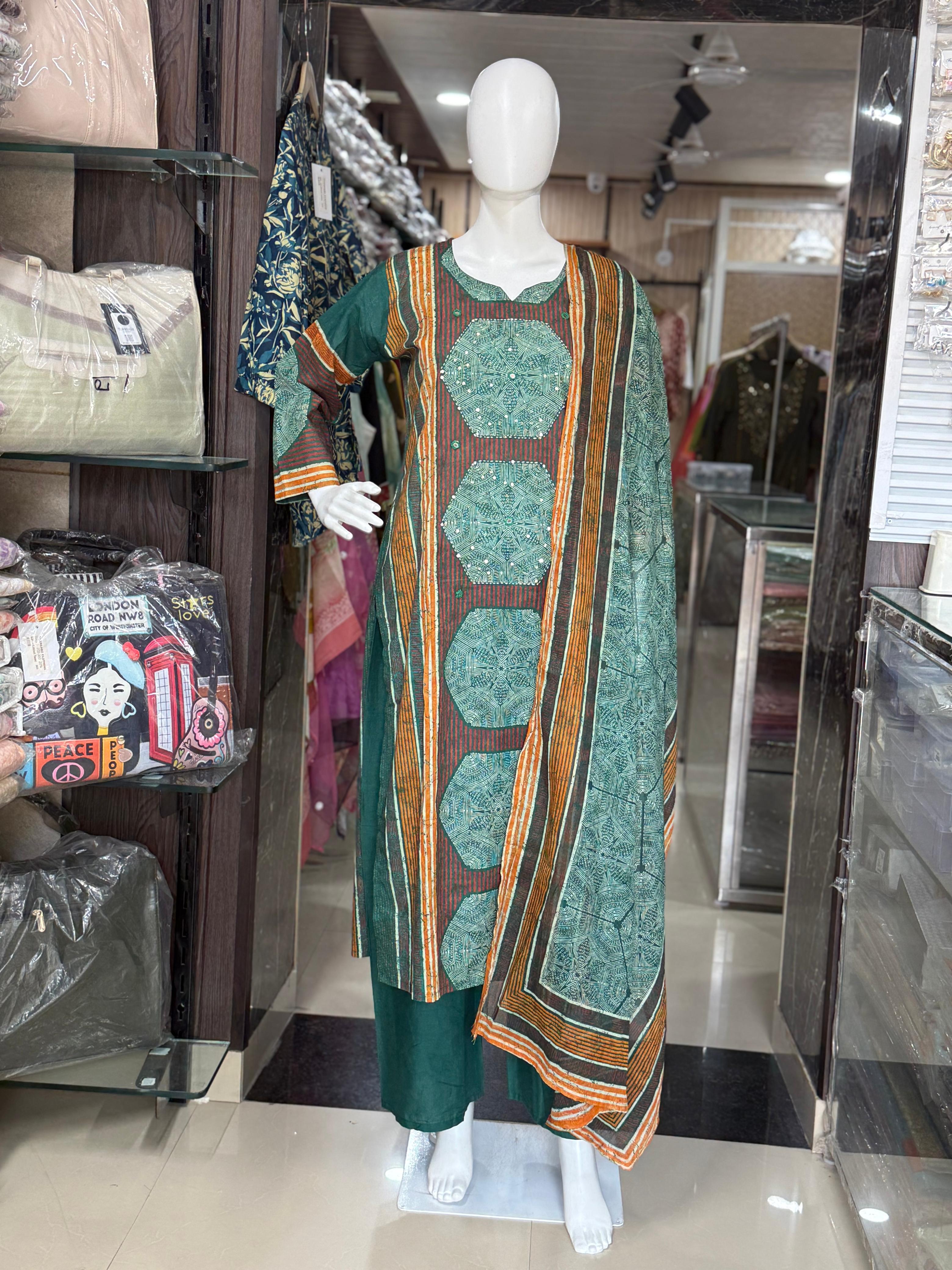 Green Geometrical Design With Strips And Sequins Work Cotton Suit Set