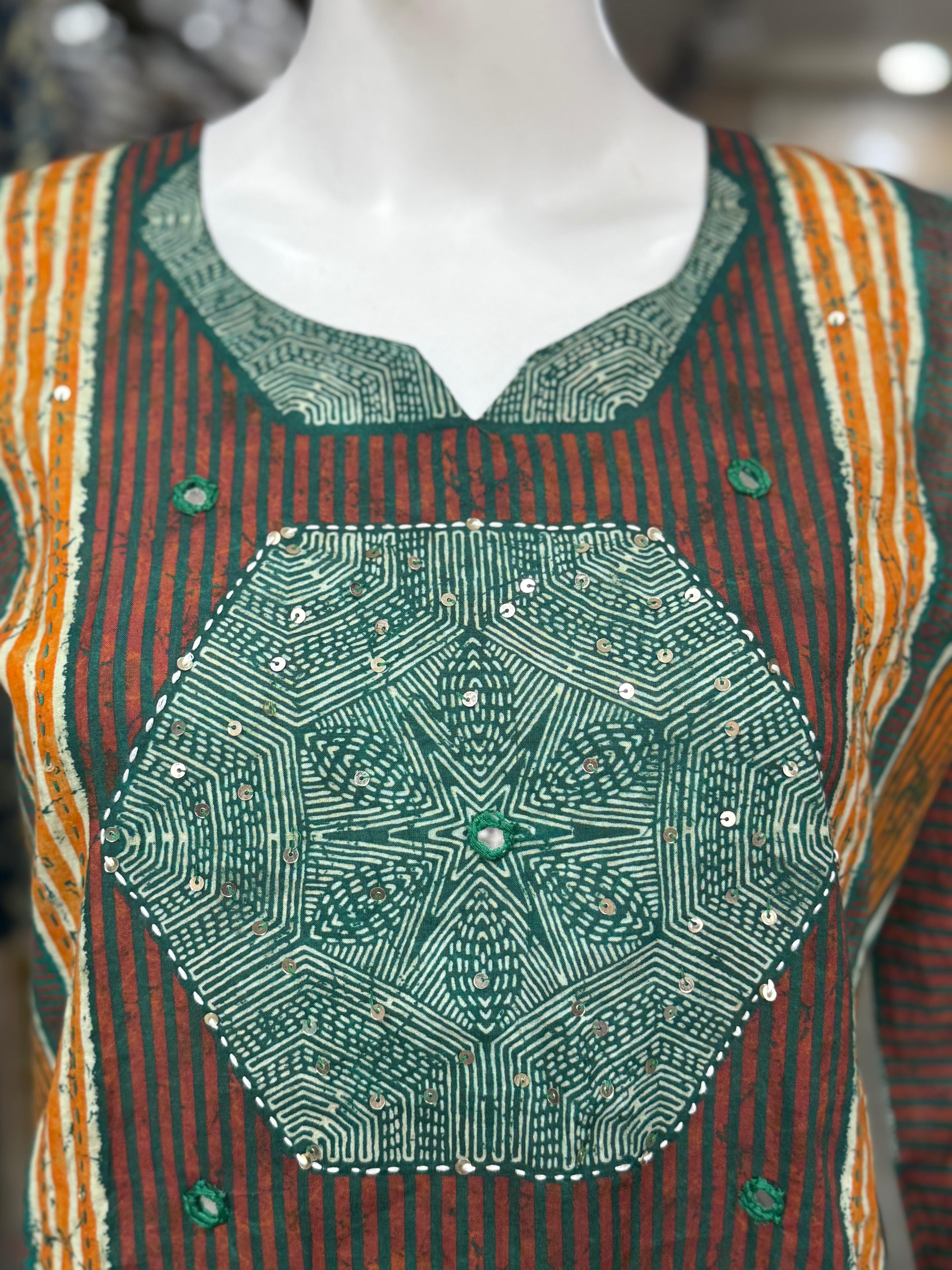 Green Geometrical Design With Strips And Sequins Work Cotton Suit Set